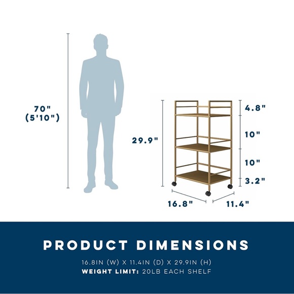 Chic, Gold Utility Cart — Can be used for mini bar or storage — New, Never Used - Picture 3 of 5